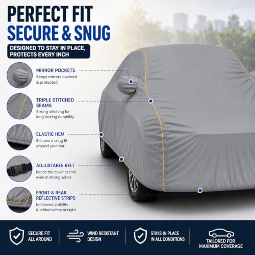 Image of S-Presso Heavy Duty Car Cover Waterproof | 6-Layer Full Body Protection with Soft Cotton Inner Lining | UV, Rain, Heat, Dust & Scratch Resistant | Custom Fit with Mirror Pockets | Grey