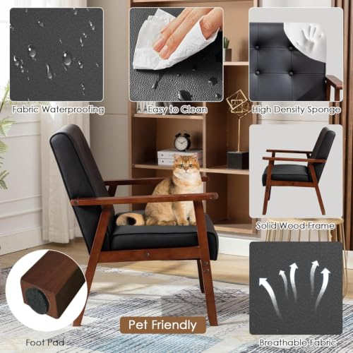 Image of STHOUYN Upholstered Accent Chair, Black Leather Arm Chair with Wood Frame | Comfy Reading Chair, Mid-Century Modern, Living Room, Waiting Room, Office