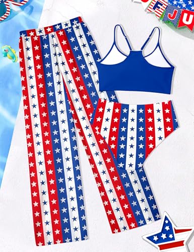 Image of NECIOUS Girls 4th of July Swimsuit 3 Piece American Flag Print Bathing Suits with Cover Up Pants Size 14-16 Girls Patriotic Swimsuit