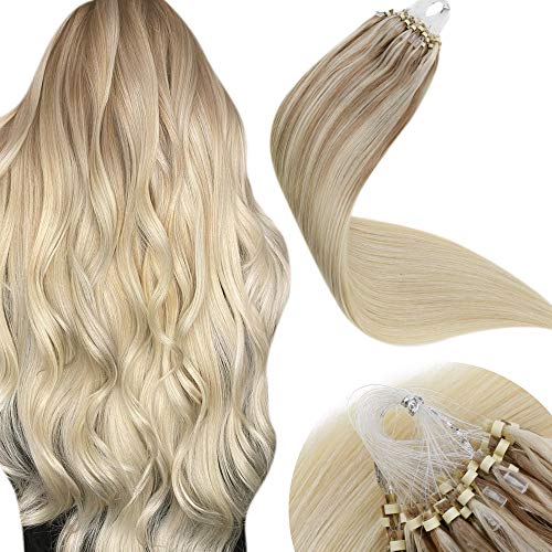 LaaVoo 22inch Micro Loop Hair Extensions Micro Ring Straight Human Hair Balayage Ombre Ash Blonde to Medium Blonde and Platinum Blonde Silicone Micro Beads Stick Tip Hair Extensions 50g/50s#18/22/60