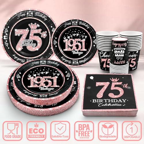 Image of 75th Birthday Decorations Rose Gold, Service for 30, Vintage 75th Birthday Party Supplies Includes Rose Gold 1951 Plates, Napkins,Cups, Plates and Napkins for Women