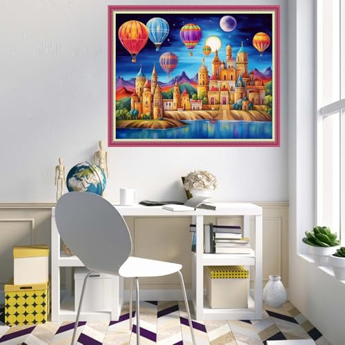 Image of Disnesart Cross Stitch Stamped Full Embroidery Kits DIY 11CT Cotton Thread Printed DIY Needlepoint Kits Craft Needlework Set Cross-Stitch Stamped Sets-Rainbow Castle Hot Air Balloon 16x20 inch
