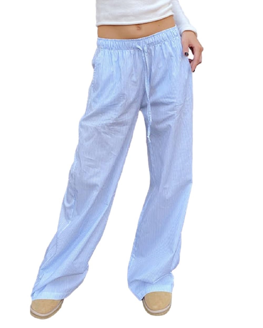 Lordree Women Drawstring Striped Pants High Waist Wide Leg Lounge Pants Casual Relaxed Fit Pajama Bottoms Y2k Streetwear
