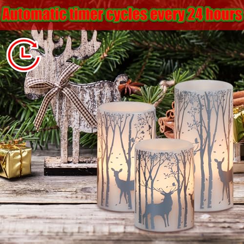 Image of Christmas Flameless Candles with 6H Timer, Real Wax LED Pillar Candles Flickering, Silver Reindeer Birch Battery Operated Candles for Home Decor Christmas Gifts, 3x4 /5 /6 inches