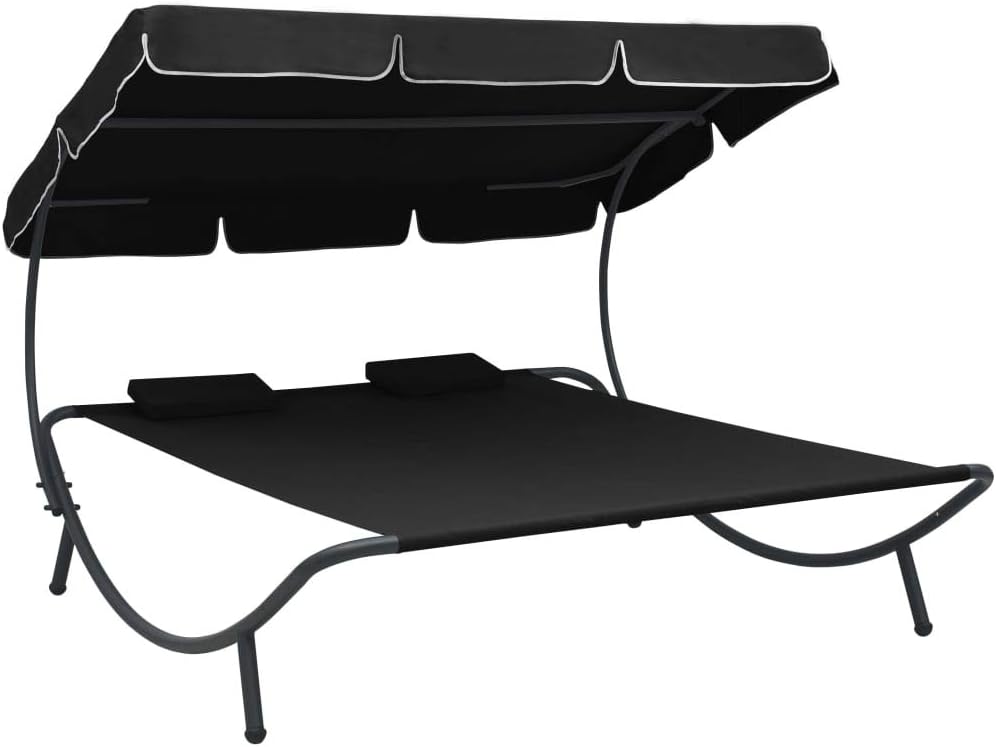 Patio Outdoor Double Chaise Lounge with Adjustable Canopy and Headrest Pillows, Patio Hammock Bed for Sun Room, Garden, Courtyard, Poolside, Black