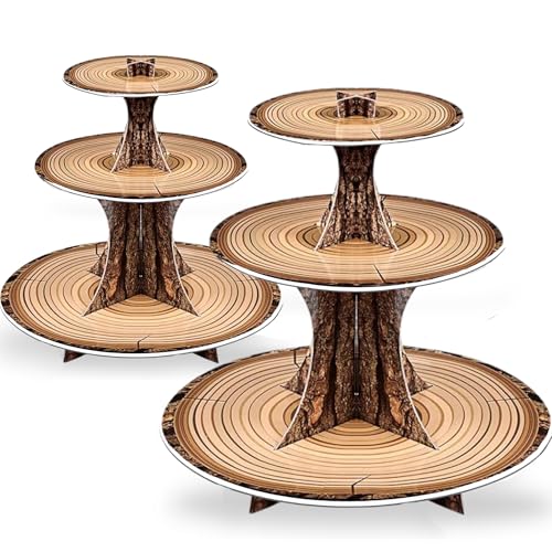 2 Pack Rustic Wood Cupcake Stand for Party, 3-Tier Cardboard Cupc...