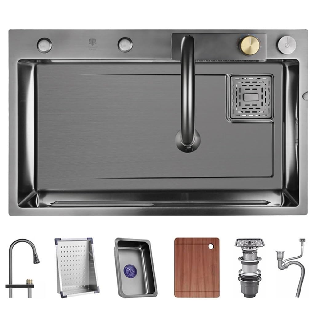 WIQUYBML Versatile Stainless Steel Single-Bowl Kitchen Workstation Sink Waterfall With Pull-Down Faucet Bar Prep Complete Accessory Set (Color : Black-grey, Size 75x45x22cm)