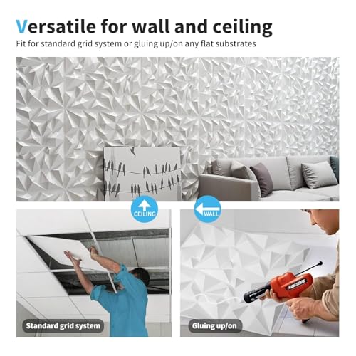 Image of Kayra Decor 3D PVC Wall Panels - Small Diamond Design, White Color 19.7 inch x 19.7 inch (Pack of 6) - Covers 16.17 Sq. Ft.