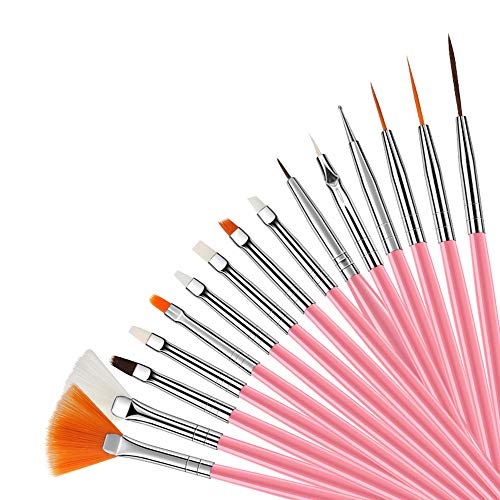 GTNINE Nail Art Brushes Design Dotting Painting Drawing Gel Nail UV Polish Brush Pen Tools Set 15 Pcs Pink