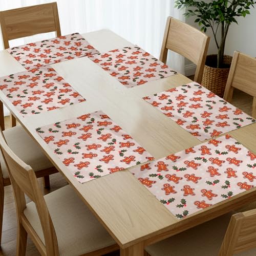 Image of Dining Table Mats Set of 6 with 135 cm Runner - Gingerbread Man Theme,Digital Print, Washable, Indoor /Outdoor, Heat-Proof, Wipe & Clean (47X33 cm) Cream & Brown