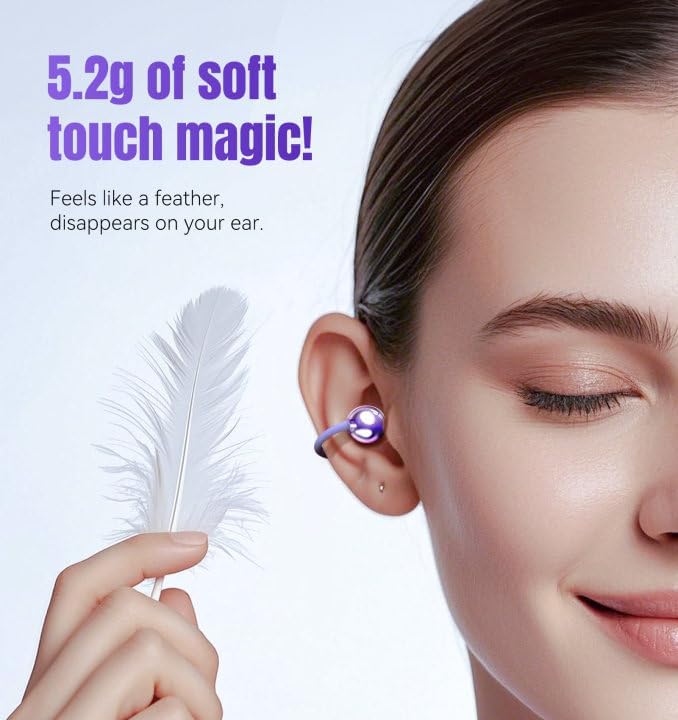 King Lucky Next-gen Clip on Earbuds Open Ear Wireless Bluetooth 6.0 Headphones with Mic,50H Play,ENC,IPX5 Waterproof,Sports Ear Buds,Comfortable for Small Ears&Fitness,Running (Purple) image 5
