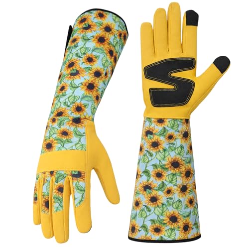 Zhamate Long Sleeve Gardening Gloves for Women Cute Sunflower Printed Garden Gloves Thorn Proof Forearm Protection Touchscreen Fingertips Adjustable Cuff Mothers Day Gifts