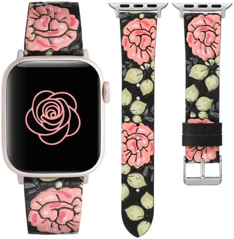 Moolia Floral Leather Band Compatible with Apple Watch Band 42/41/40/38/46/45/44/49mm Women, Cute Romantic Vintage Rose Pattern Strap for iWatch Series 11 10 9 8 7 6 5 4 3 2 1 SE/Ultra(1/2/3)