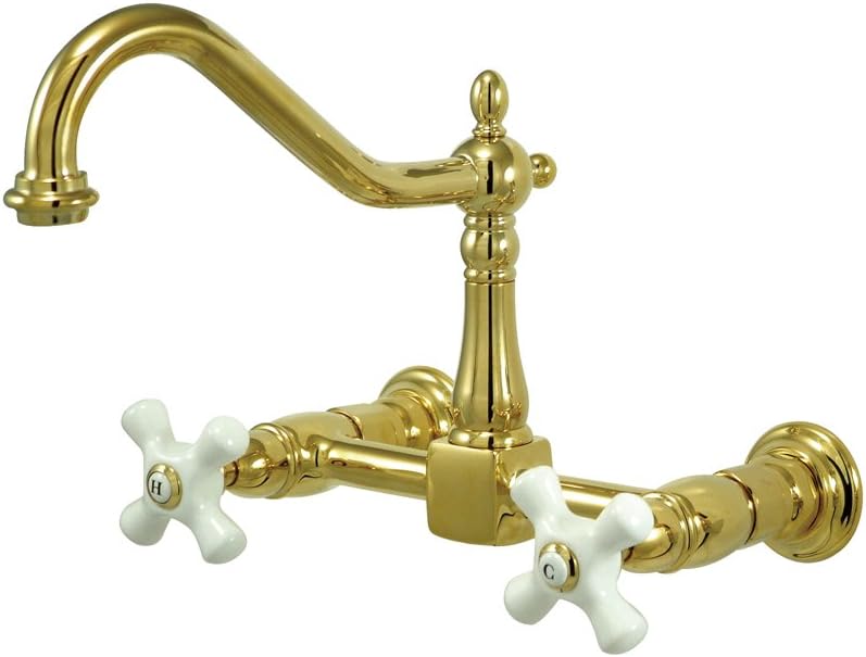 Kingston Brass KS1242PX Heritage Wall Mount 8-Inch Center Kitchen Faucet, Porcelain Cross Handle, 8-1/2-Inch, Polished Brass
