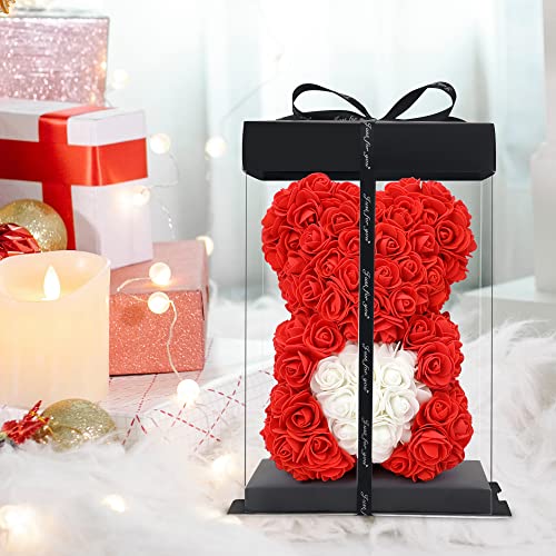 Rose Teddy Bear -10 Inches -Over 300+ Flowers On Every Rose Bear - Gifts For Women，Gifts For Mom, Birthdays, Bridal Showers,Valentine's Day,Mothers - Clear Gift Box Included (Red) #TOP2