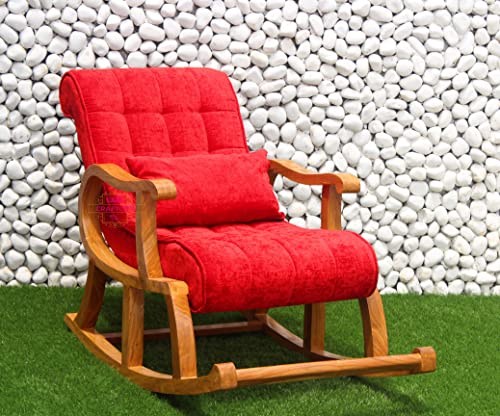 Image of CRAFTCITY Rocking Chair |Sheesham Wood Elegant Rocking Chair with Pillow and Matching Foot Stool and Pre assembeled(Red)