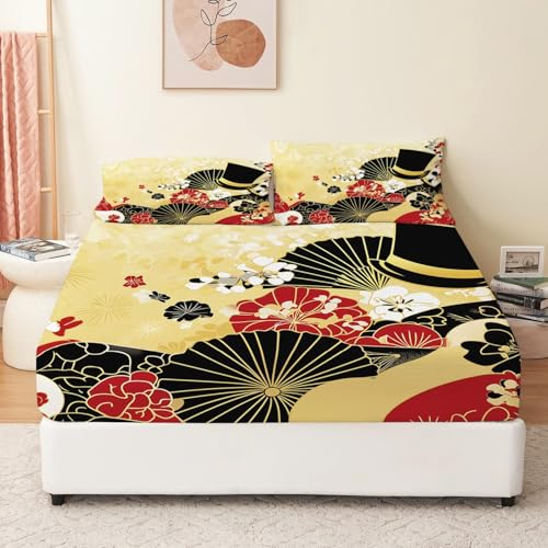 Fitted Sheet Oriental Flowers Fan Microfiber Soft Wrinkle-Resistant Fitted Sheets Cover with Elastic Edges Single Size 90 x 190 cm Fitted Bed Sheets Breathable Fade Resistant Yellow