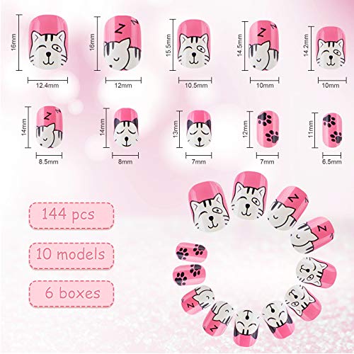 140 Pieces Children Nails Kids False Nails Girls Cartoon Press on Fake Nails Colorful Pre-Glue Full Cover Nails Cute Short Acrylic Artificial Nail Tips Kits for Kids (Cat) - Thumbnail 3