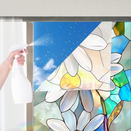 Image of Nuxovilar Gothic Rainbow White Flower Pattern Window Film 17.5x39.3 PVC | White Flowers, Gothic Cling rainbow floral decal, glass door wrap for living room bedroom balcony (White Floral)