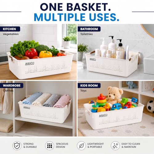 Image of ARICO Elite Crate Plastic Storage Basket with Handles | Multipurpose Organizer Basket for Kitchen, Bathroom, Wardrobe & Toys | Durable Ventilated Storage Tray Off-White (Small)
