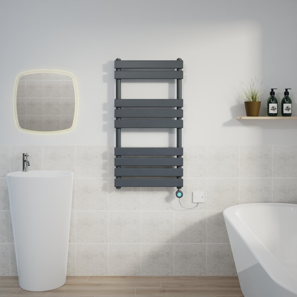 Warmehaus 950x500mm Sand Grey Designer Flat Panel Electric Heated Towel Rail Thermostatic Timer Bathroom Towel Radiator 400W