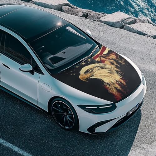 Image of Renewold Eagle American Flag Mountain Car Hood Cover Protector Hood Covers for Cars Indoor Outdoor Decor Hood Wrap Blanket Women Men Automotive Exterior Accessories
