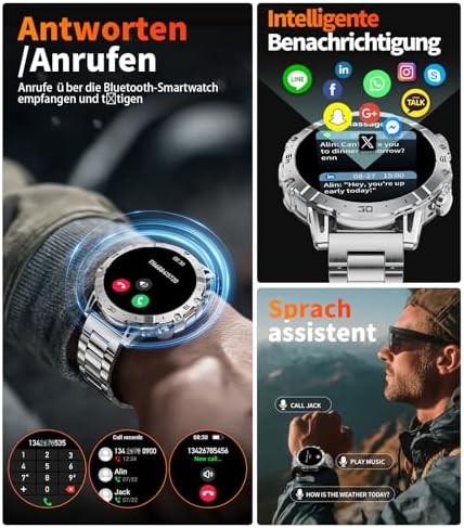 Bild 2 - Smartwatch Herren Militär mit 1000mAh Großer Akku/1.7\'\'Großes Display/Telefonfunktion/LED Taschenlampe,Fitnessuhr mit 110+ Sportmodi,Herzfrequenz,Schlaftracking,3 Armbändern,IP68 Sportuhr iOS/Android