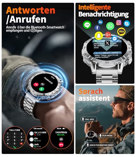 Smartwatch Herren Militär mit 1000mAh Großer Akku/1.7''Großes Display/Telefonfunktion/LED Taschenlampe… – Ansicht 4