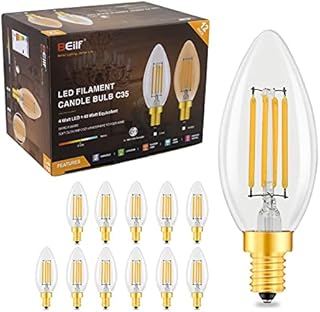Beilf Dimmable Filament Led Candle Light Bulbs C35, E14 Screw, 4 Watt 470Lm, Flicker Free, Warm White 2700K, High CRI80, Chandelier Light Bulbs 40W Equivalent,12 Pack