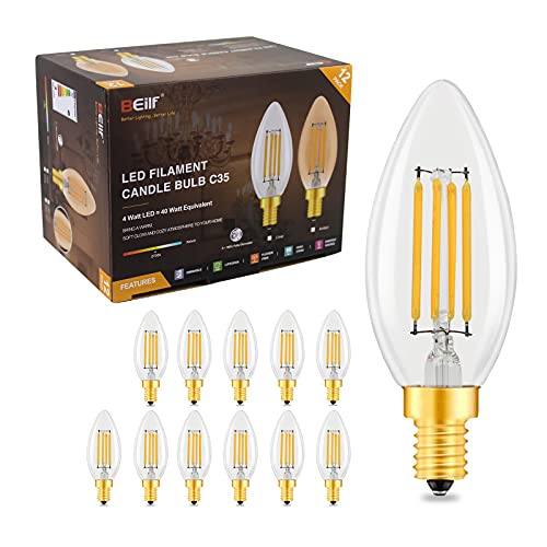 Beilf Dimmable Filament Led Candle Light Bulbs C35, E14 Screw, 4 Watt 470Lm, Flicker Free, Warm White 2700K, High CRI80, Chandelier Light Bulbs 40W Equivalent,12 Pack