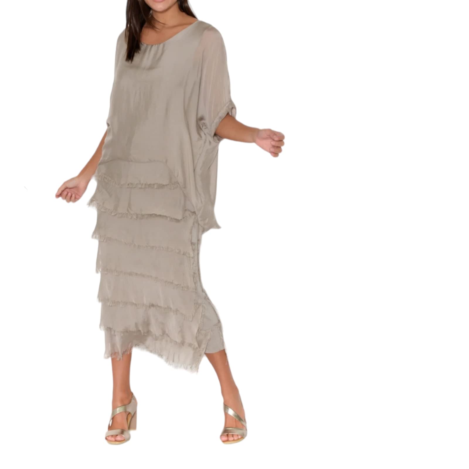 Alam Exclusive Ladies Womens Italian Lagenlook Plain Short Sleeve Frill Frayed Detail Silk Midi Maxi Dress One Size (as8, Numeric, Numeric_8, Numeric_16, Regular, Regular, Mocha)