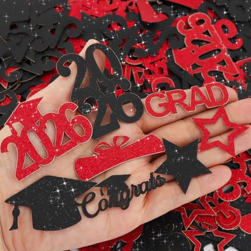 Image of 300Pcs Red and Black Graduation Table Confetti with Caps 2026,Congrats Grad Confetti 2026 Decorations, Perfect for 2026 Graduation Party Decor, Class Of 2026 Celebration Supplies