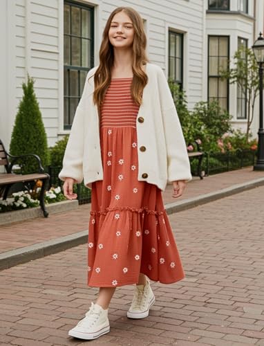 Sunny Spirit Girls Maxi Dress Fall Casual Floral Boho Long Puff Sleeves Square Neck Embroidered Smocked Dresses 5-14 Years2