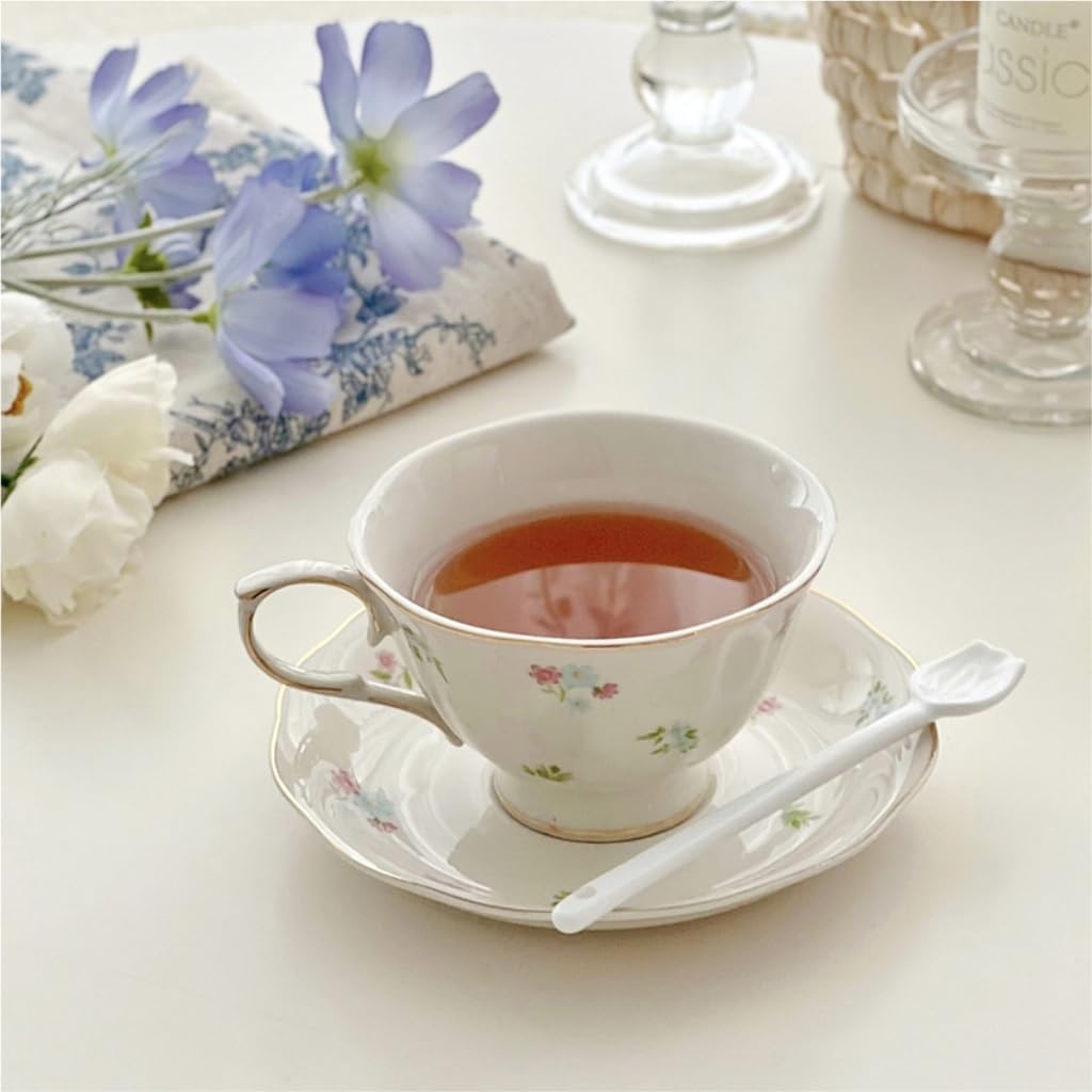 Coffee cup set Fashion Gold-painted Retro Small Floral Ceramic Coffee Cup and Saucer Set High-end Afternoon Tea Hanging Ear Light Luxury Coffee Mug