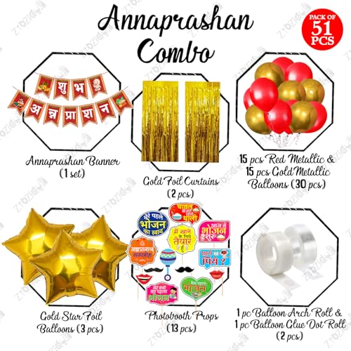 Image of Zyozique Shubh Annaprashan Decorations Item | Baby Rice Ceremony Decorations| Rice Ceremony Decorations Combo - Paper Banner, PhotoBooth Props, Foil Balloons (Pack Of 51)