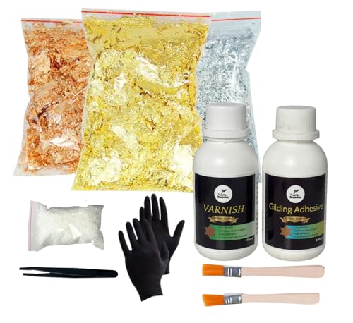 Dreamiva Metallic Foil Flakes Kit, 3-Color Variety Pack (Gold, Silver, Copper) with Gilding Adhesive and Varnish, Imitation Leaf for Resin Art, Painting, Crafts, Sealer and Tools Included