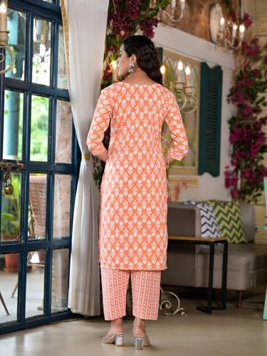 Image of Juniper Orange Ethnic Motif Printed Cotton Kurta & Pant Set With Lace