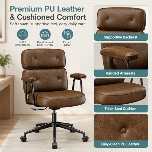 Image of Ergonomic Home Office Desk Chair, PU Leather Computer Chair with Lumbar Support, Adjustable Height, 360 Swivel Rolling Wheels, Executive Task Chair for Office, Gaming, Meeting Room, Brown