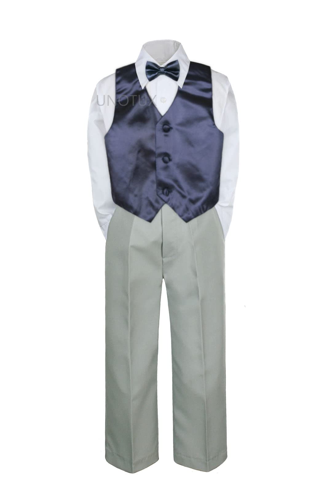 4PC Shirt Gray Pants Vest & Bow tie Set Baby Boy Toddler Kid Formal Suit Sm-7