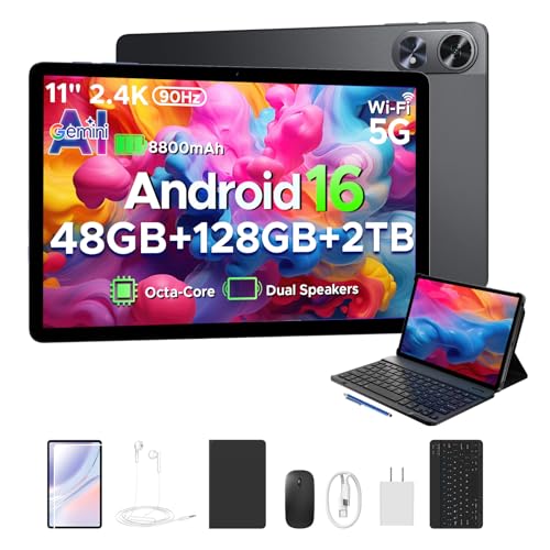 Image of P11 Pro Android 16 Tablet, 11 inch Tablet with Gemini AI, 48GB RAM+128GB ROM, Tablet 2.4K 90Hz, T7250 Octa-Core, 13MP+5MP, 8800mAh, 5G WiFi, Headphone, Tablet with Keyboard, Pen, Mouse-Black