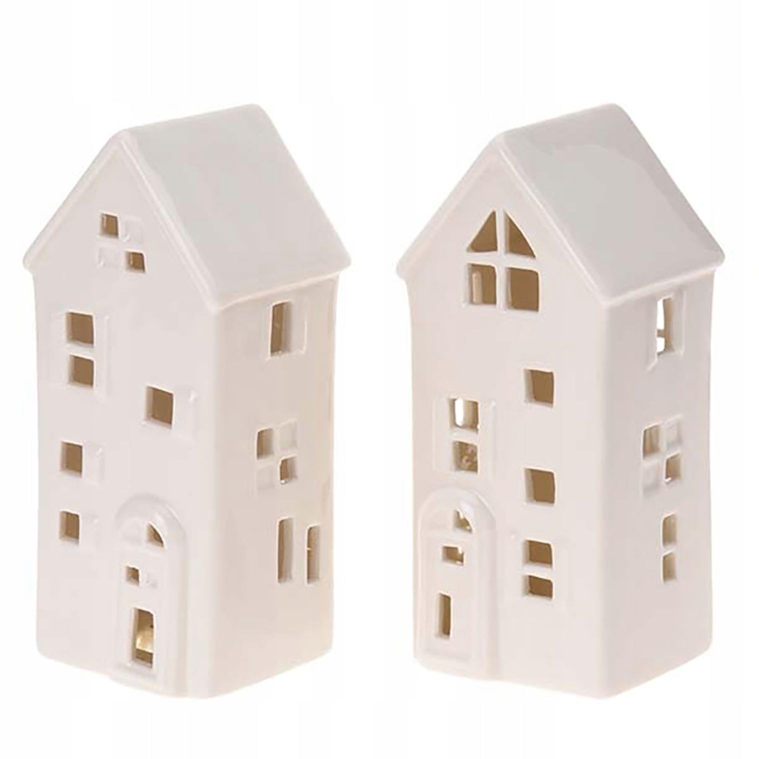 Carousel Home Pack of 2 LED Christmas Houses | Light Up White Ceramic House Ornaments | Christmas Village Light Up Decorations - 16cm ~ Design Varies