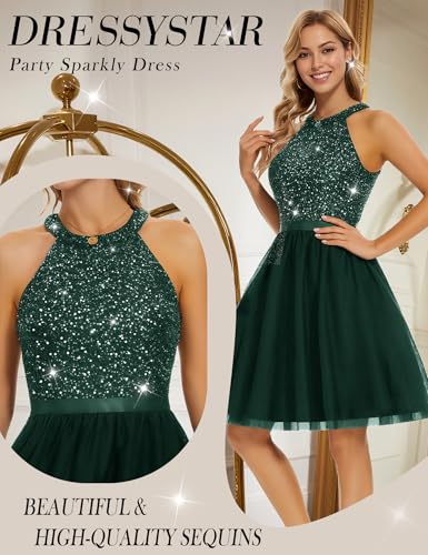 Image of Dressystar Women's Sequin Short Prom Dress Sparkly Halter Tulle Cocktail Party Homecoming Dresses