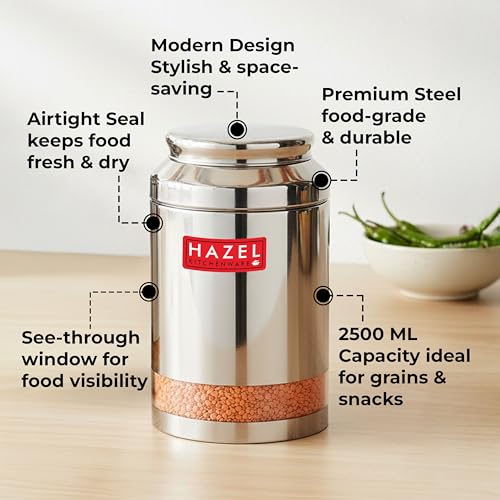 Image of HAZEL Stainless Steel Transparent Storage Jar, 2500 ML | Airtight Container for Pulses, Grains, Sugar & Snacks