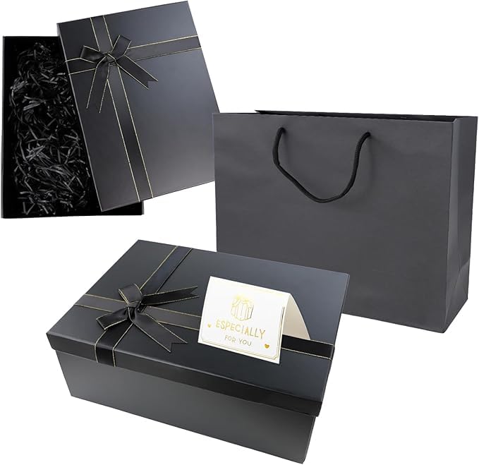 CXRYLZ-FUR Gift Box with Lids, 12.9x9.8x4.9 inch Large Gift Boxes with Ribbon Bow, Card, Shredded Paper Filler and Bag, A4 Box for Presents Birthdays Bridal Wedding Valentine's Day Christmas (Black)
