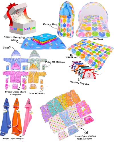 Image of Toddylon Flat Bed 56 in 1 New Born Products All | Gift Packs | Baby Shower | Bed | Clothing | Essentials Items | Combo Pack | Maternity Kit | Infants | Bedding | Clothes (0-6 Months, Multicolor)