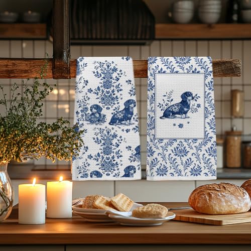 Image of Chinoiserie Dachshund Kitchen & Hand Towels Set of 2, Blue and White Floral Dog Dish & Tea Towels for Kitchen Bathroom Decor, Vintage Toile Dog Lover Gifts for Women 16x24 Inch