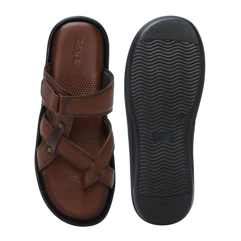 Image of Zoom Shoes Genuine Leather Casual Toe Ring Slippers For Men | Anti-slip Sole & Cushioned Insole For Everyday Comfort