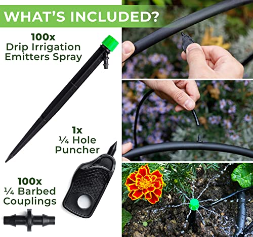Carpathen 100 Drip Irrigation Emitters Sprayer - Drip Emitters For Irrigation Kit - ¼" Irrigation Tubing Compatible - 360 Deg Adjustable Drippers For Drip Irrigation - Fit For Raised Garden Bed, Yard #TOP4