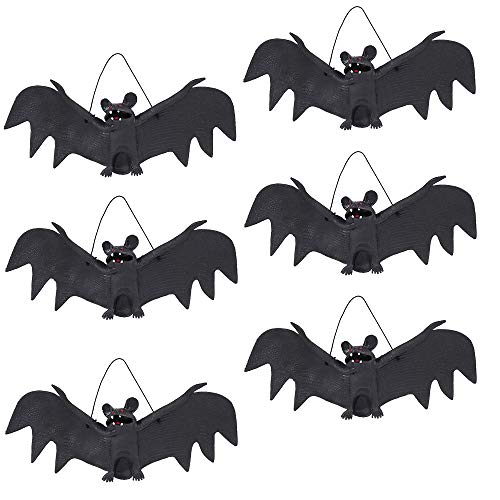 Halloween Realistic Hanging Bats,Spooky Looking Bats，Fake Rubber Bats for Halloween Party Supplies，Halloween Bats (6pack Large)