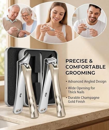 Image of 3Pcs Nail Clipper Set for Adults and Seniors, Professional Grooming Kit with Angled Design for Thick Nails, Champagne Gold, Nail Care Tools with Wide Opening and Nano File